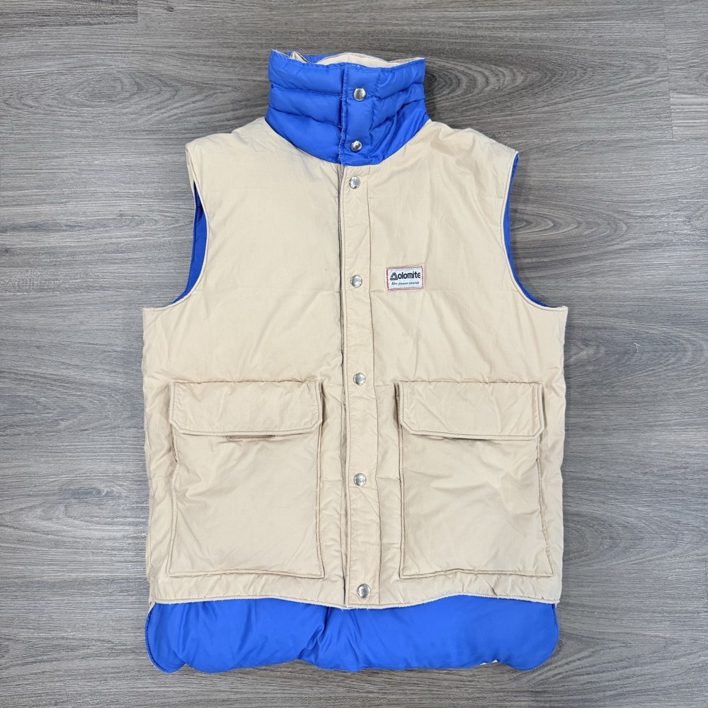 Vintage Dolomite Reversible Vest Large Duck Down Tan/Blue Mock Neck Snap Pockets
